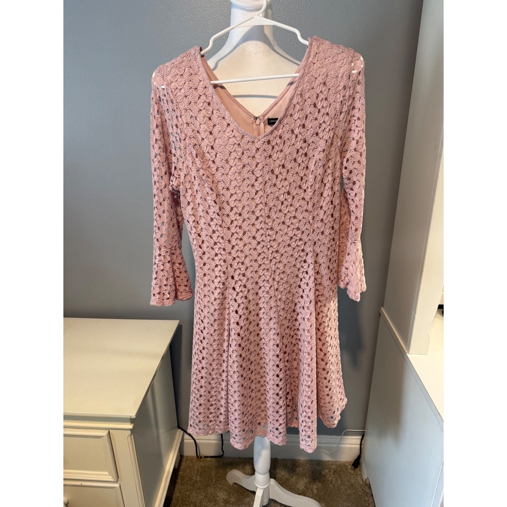 Always Indigo Pink Crochet Lace V-Neck Bell Sleeve Fit & Flare Dress Womens L 10